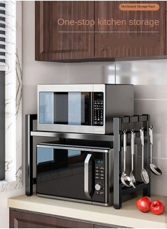 Haidue Extendable Microwave Oven Rack,Microwave/Toaster Shelf Heavy Duty Stand Kitchen Counter Top Organizer  Adjustable Height & Length,1-Tier with 6 Hooks  75KG Weight Capacity  - Image 1