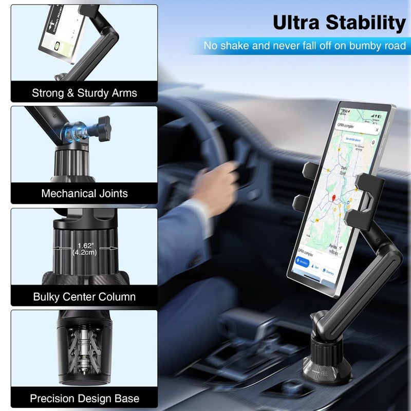 Peastrex Cup Holder Car Tablet Mount, Ipad Cup Holder Car Mount with 15" Adjustable Arm Stand for Tablet iPhone 4.7-13in, iPad Pro Air Mini, Fire, iPhone 16 15, Galaxy S25 S24 Z Fold 6 5 - Image 2