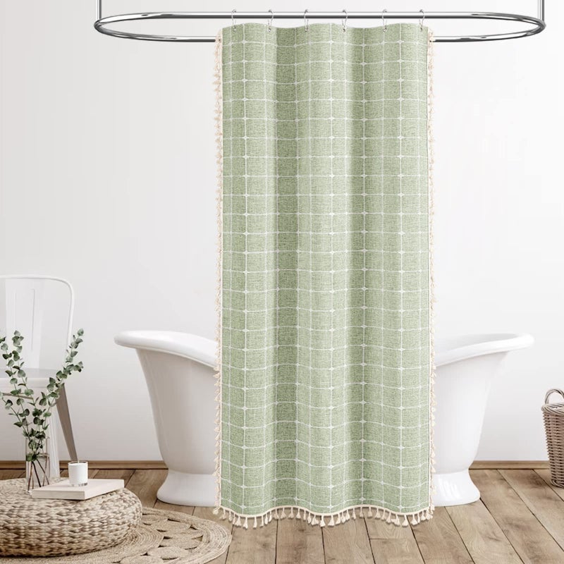 BTTN BTTN Boho Shower Stall Curtain - 36x72 Narrow Linen Ultra Thick Tassel Fabric Shower Curtain Set with 6 Plastic Hooks  Half Modern Farmhouse Country Weighted Shower Curtains for Bathroom - Sage Green - Image 1