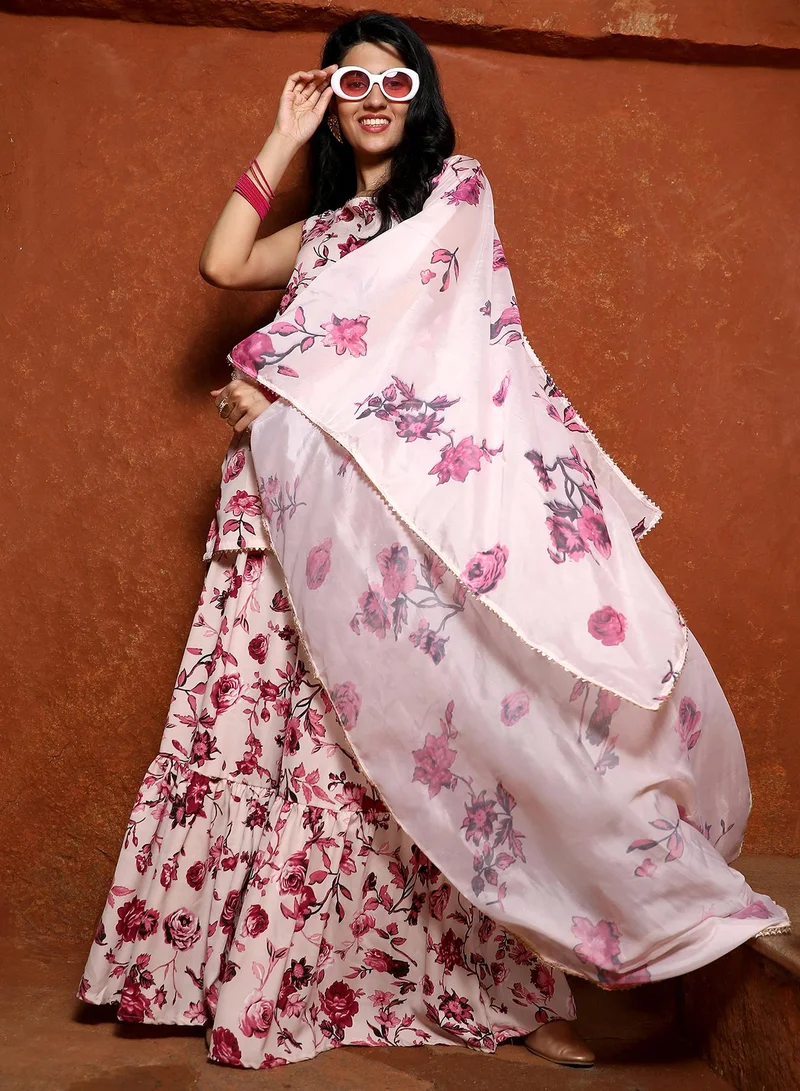 QISSA Women's Baby Pink Botanical Kurti And Sharara Set