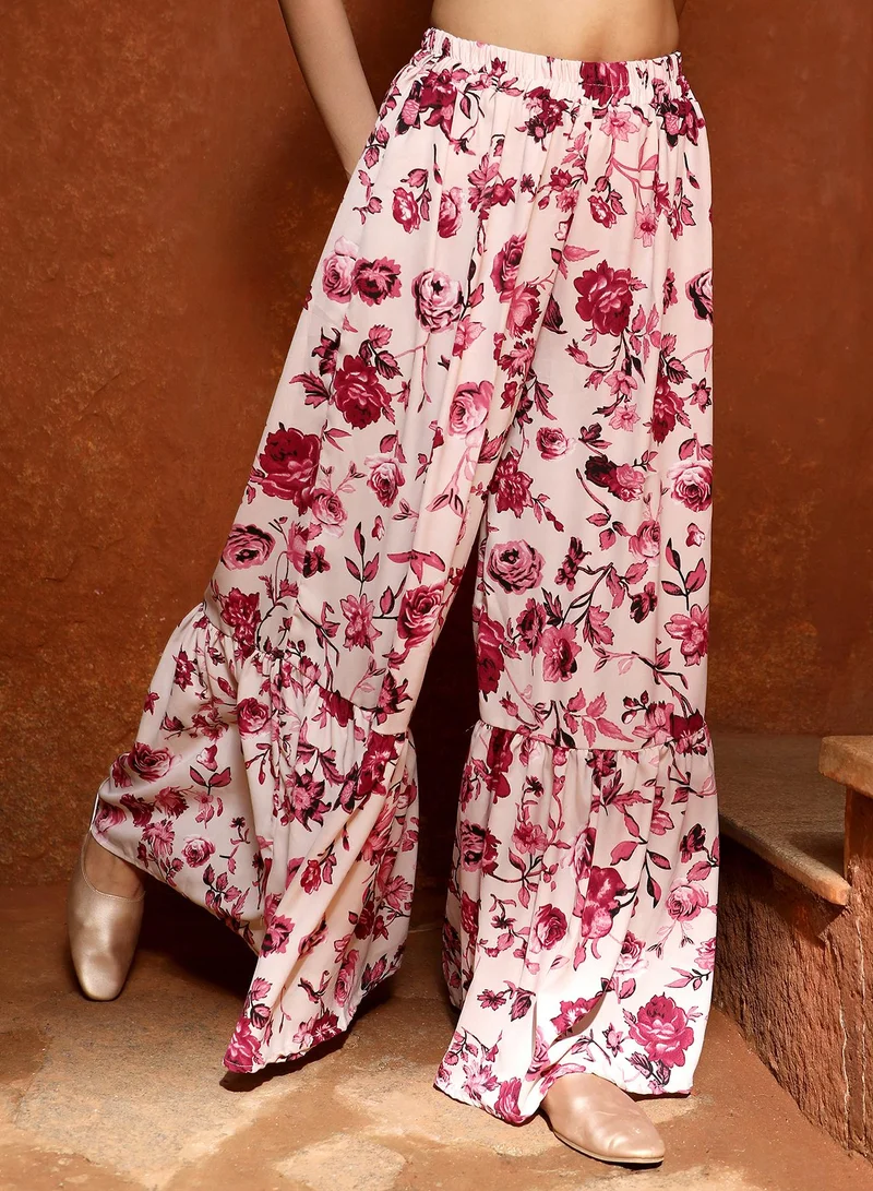 QISSA Women's Baby Pink Botanical Kurti And Sharara Set