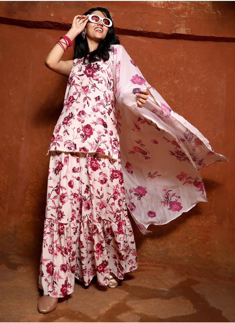 QISSA Women's Baby Pink Botanical Kurti And Sharara Set  - Image 1