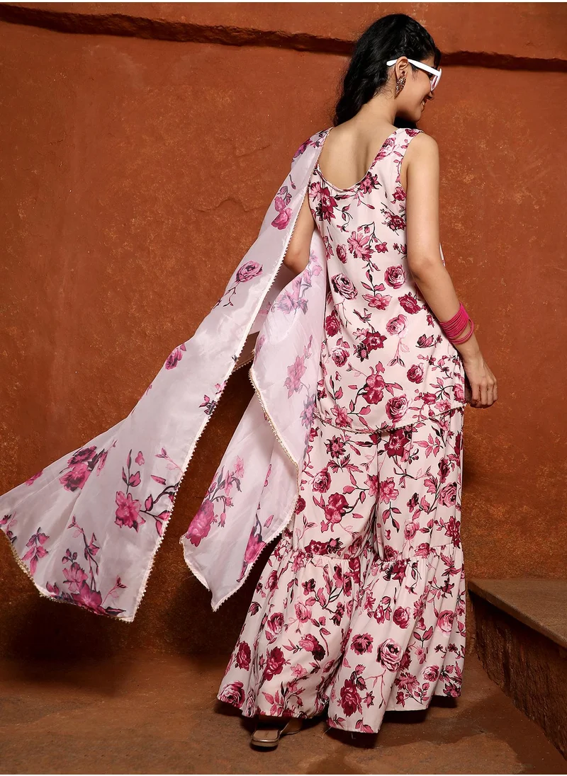 QISSA Women's Baby Pink Botanical Kurti And Sharara Set