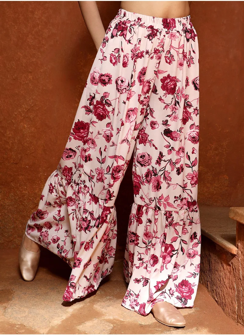QISSA Women's Baby Pink Botanical Kurti And Sharara Set