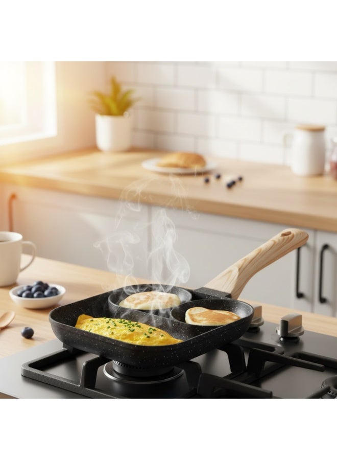 AMM 3 in 1 Non Stick Breakfast Pan with Wooden Handle | Double Egg Frying Pan for Eggs Pancake Omelette Toast | Granite Coated Cooking Pan - Image 3