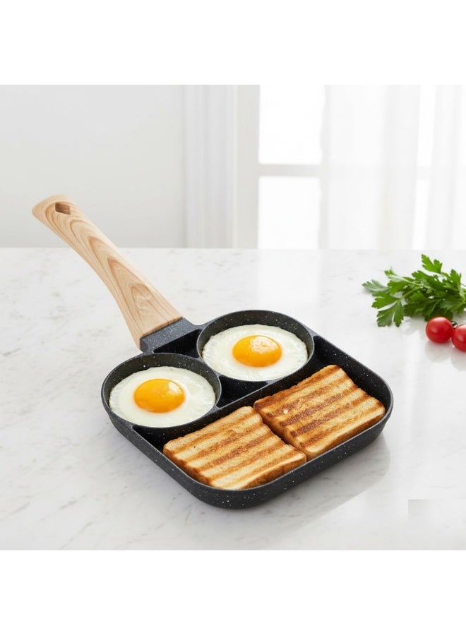 AMM 3 in 1 Non Stick Breakfast Pan with Wooden Handle | Double Egg Frying Pan for Eggs Pancake Omelette Toast | Granite Coated Cooking Pan - Image 4