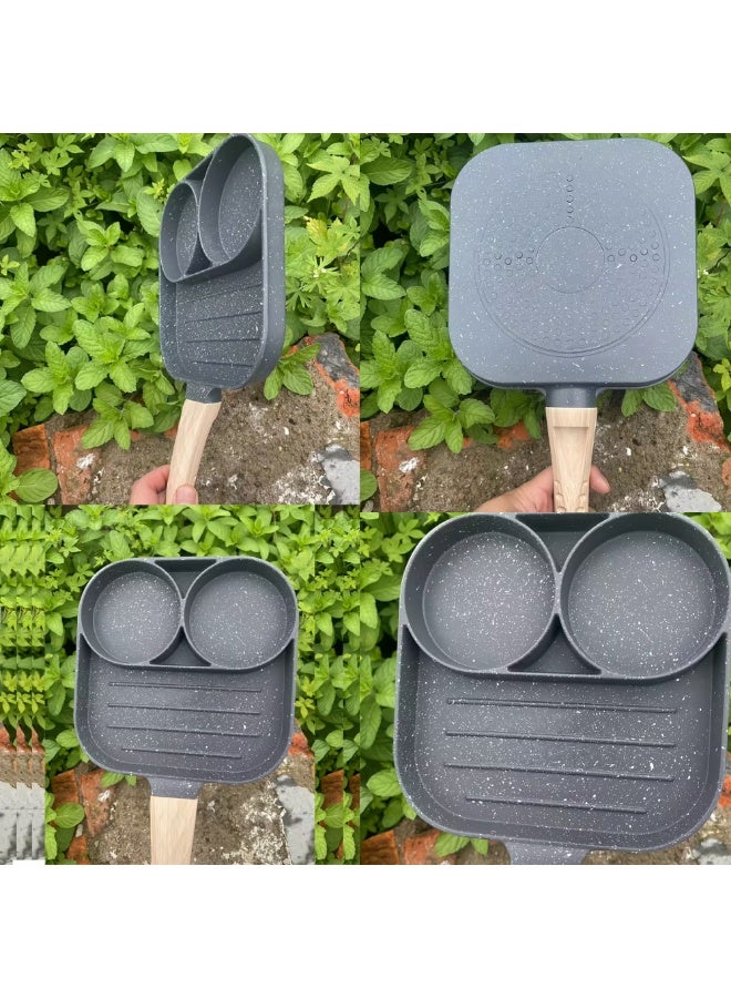 AMM 3 in 1 Non Stick Breakfast Pan with Wooden Handle | Double Egg Frying Pan for Eggs Pancake Omelette Toast | Granite Coated Cooking Pan - Image 5