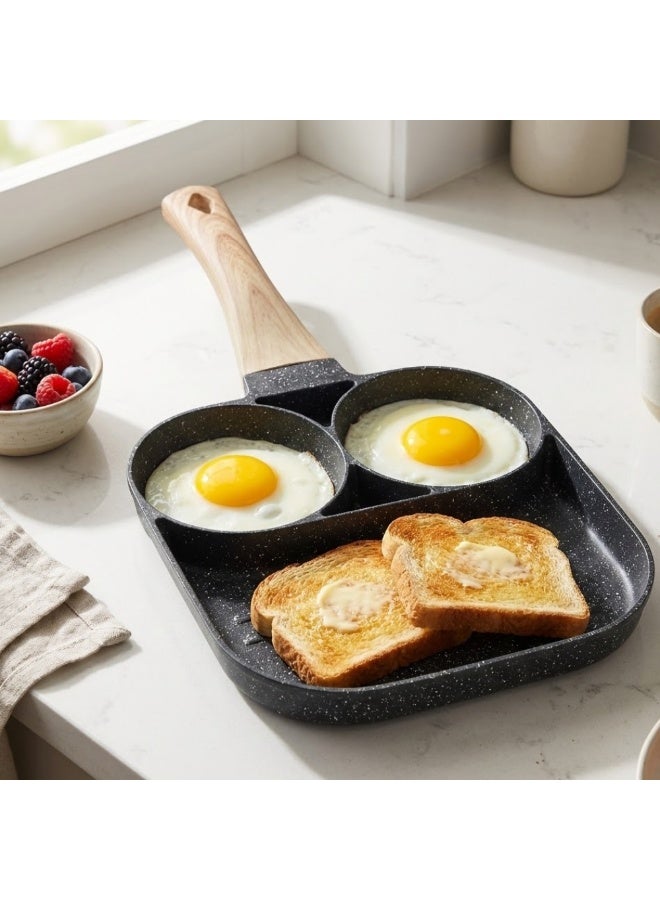 AMM 3 in 1 Non Stick Breakfast Pan with Wooden Handle | Double Egg Frying Pan for Eggs Pancake Omelette Toast | Granite Coated Cooking Pan - Image 1