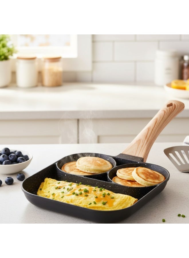 AMM 3 in 1 Non Stick Breakfast Pan with Wooden Handle | Double Egg Frying Pan for Eggs Pancake Omelette Toast | Granite Coated Cooking Pan - Image 2