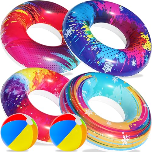 Parentswell 6PCS Big Pool Floats Tubes: Inflatable Pool Floats Swimming Rings with Beach Balls - Brightly Colored Pool Floaties Party Toys, Pool Toys for Kids Adults Toddlers - Image 1