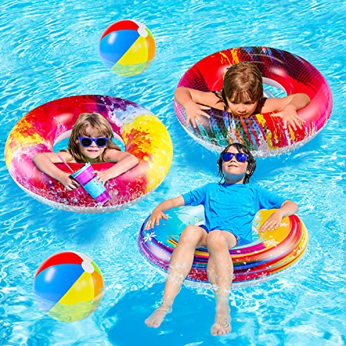 Parentswell 6PCS Big Pool Floats Tubes: Inflatable Pool Floats Swimming Rings with Beach Balls - Brightly Colored Pool Floaties Party Toys, Pool Toys for Kids Adults Toddlers - Image 3