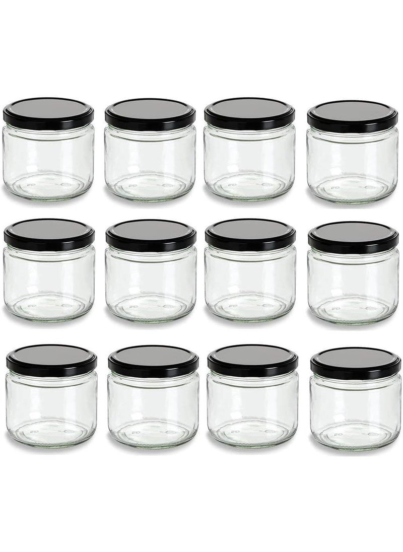 VINCENZO VINCENZO 200 ml Wide Mouth Glass Jars with Black Lids Set of 12 Salsa style 12 Black  - Image 2