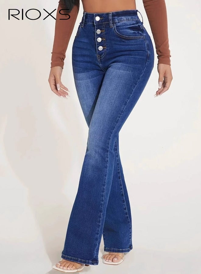 RIOXS ​​Women's High Waist Stretch Flare Jeans, Dark Blue Denim Pants with Button Details, Slim Fit Stretchy Jeans for Women, Office to Casual Retro Bell Bottoms, Elastic Comfort Trousers with Pockets, All-Season Wardrobe Essential​ - Image 2