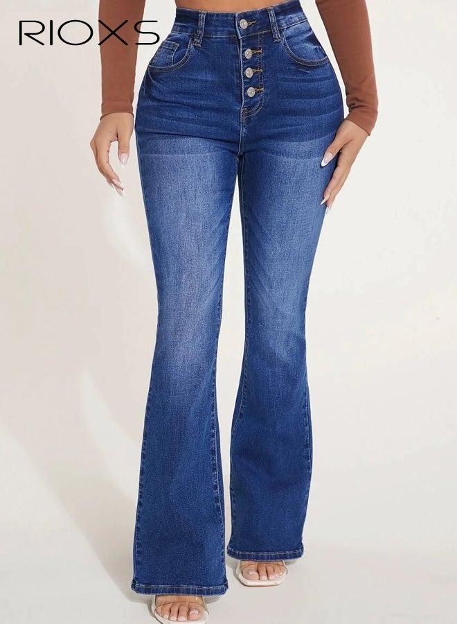 RIOXS ​​Women's High Waist Stretch Flare Jeans, Dark Blue Denim Pants with Button Details, Slim Fit Stretchy Jeans for Women, Office to Casual Retro Bell Bottoms, Elastic Comfort Trousers with Pockets, All-Season Wardrobe Essential​ - Image 1