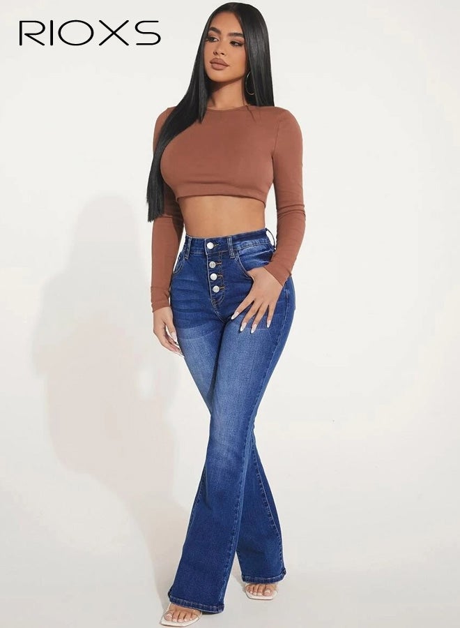 RIOXS ​​Women's High Waist Stretch Flare Jeans, Dark Blue Denim Pants with Button Details, Slim Fit Stretchy Jeans for Women, Office to Casual Retro Bell Bottoms, Elastic Comfort Trousers with Pockets, All-Season Wardrobe Essential​ - Image 3