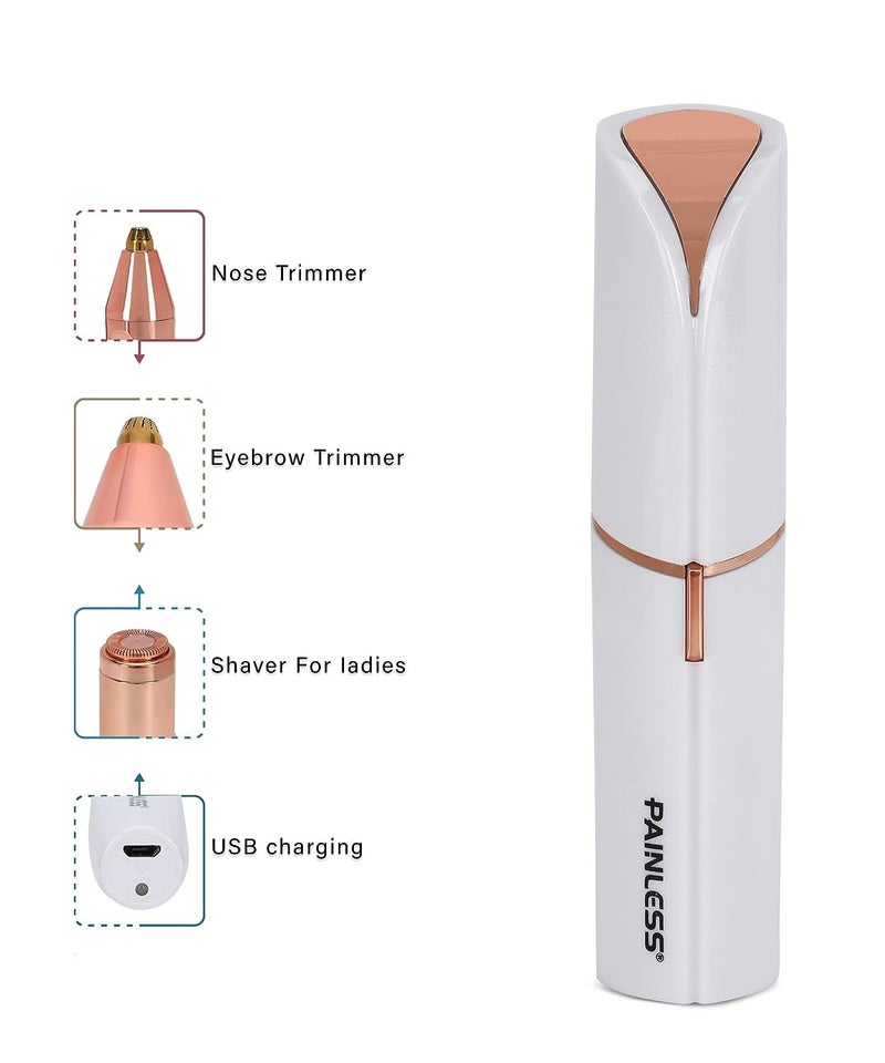 Painless Hair remover Shaver For Women|Usb Rechargeable Waterproof Eyebrow Face Razor Trimmer For Lips|Body|Arms Electronic Facial Hair Remover Shaver(White And Gold) (White) - Image 3