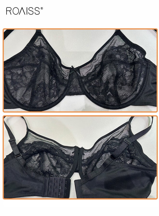 رويس حمالات صدر نسائية ناعمة ومقلصة لتغطية كاملة وسلك داخلي ومقاسات كبيرة، حمالة صدر دانتيل رافعة للثدي الثقيل، حمالة صدر دانتيل رفيعة للغاية، شبكة سوداء - Image 4