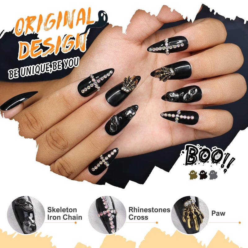 morily 24Pcs Black Stiletto Press on Nails Halloween Fake Nail with Claw Skull Design Acrylic Glossy 3D Rhinestones Stick on False Nail Medium Length Almond Nail for Women (Black Skeleton Paw Crystal) - Image 3