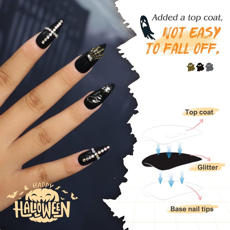 morily 24Pcs Black Stiletto Press on Nails Halloween Fake Nail with Claw Skull Design Acrylic Glossy 3D Rhinestones Stick on False Nail Medium Length Almond Nail for Women (Black Skeleton Paw Crystal) - Image 2
