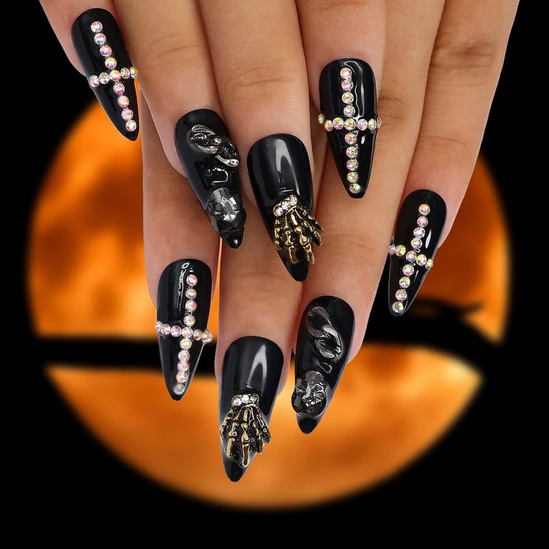 morily 24Pcs Black Stiletto Press on Nails Halloween Fake Nail with Claw Skull Design Acrylic Glossy 3D Rhinestones Stick on False Nail Medium Length Almond Nail for Women (Black Skeleton Paw Crystal) - Image 1