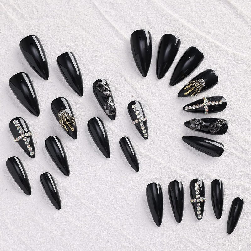 morily 24Pcs Black Stiletto Press on Nails Halloween Fake Nail with Claw Skull Design Acrylic Glossy 3D Rhinestones Stick on False Nail Medium Length Almond Nail for Women (Black Skeleton Paw Crystal) - Image 4