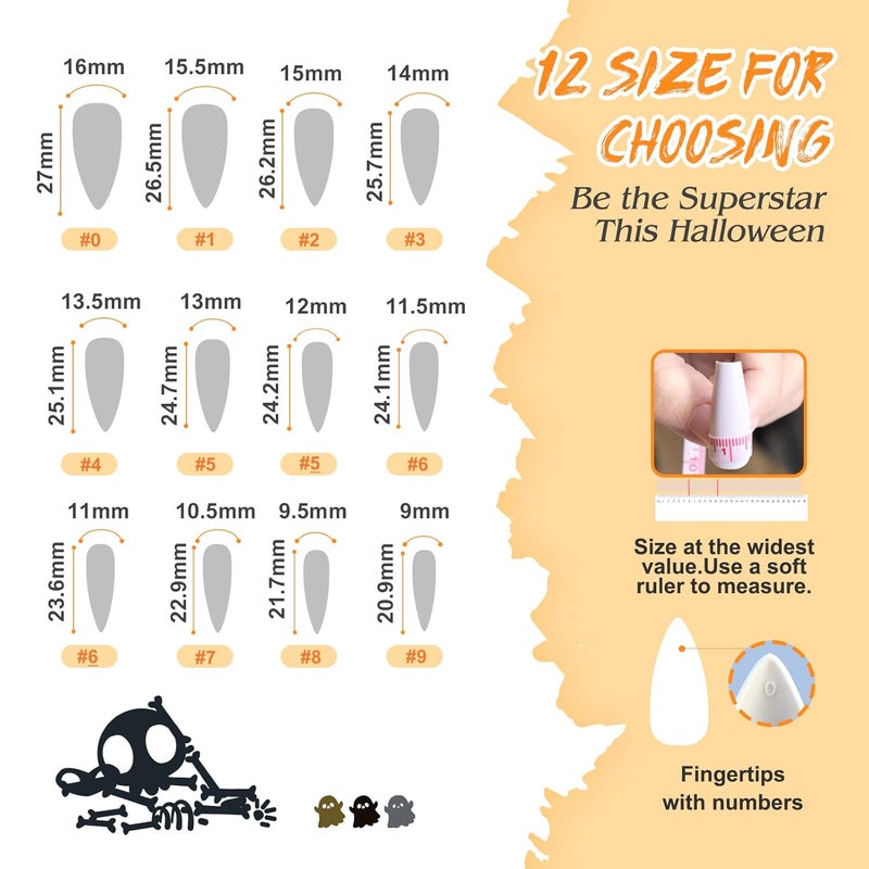morily 24Pcs Black Stiletto Press on Nails Halloween Fake Nail with Claw Skull Design Acrylic Glossy 3D Rhinestones Stick on False Nail Medium Length Almond Nail for Women (Black Skeleton Paw Crystal) - Image 5