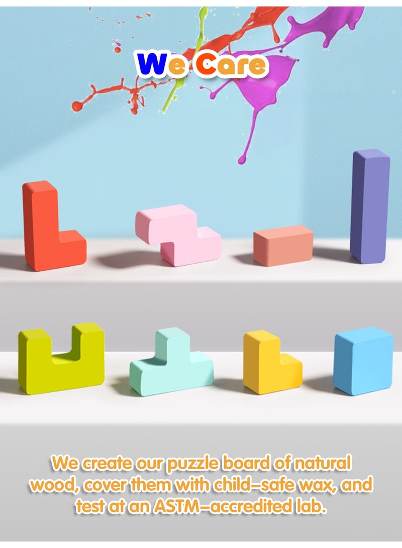 Montessori Wooden Falling Block Puzzle Board for Kids, STEM 3D Shape Matching Game, Russian Blocks Logic Toy, Spatial Thinking & Fine Motor Skills Play for 3 4 5 6 Year Olds, Parent Child Interactive Game, Eid Birthday Gifts for Boys Girls - Image 4