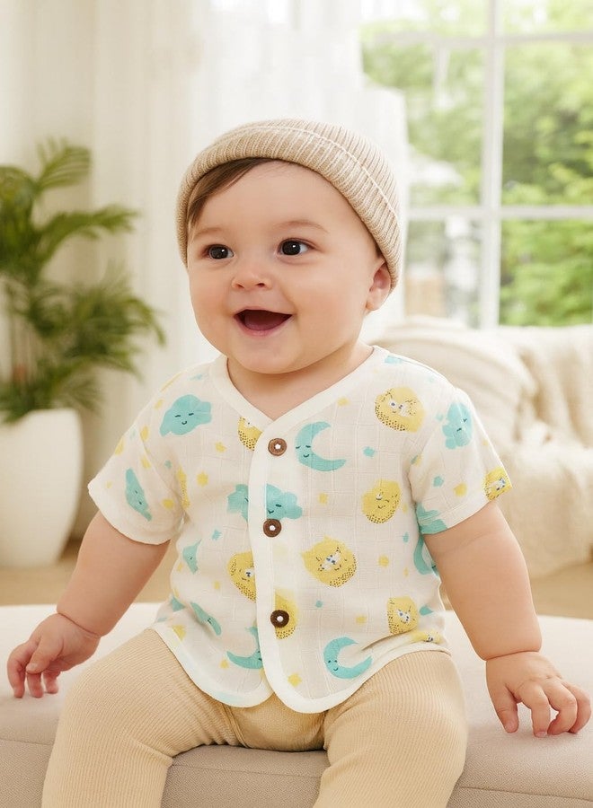 TUMMY TIME Muslin Front Open Jabla for Newborn Baby – White Printed, Half Sleeve Jabla| Muslin Soft Cotton Dress - Image 5