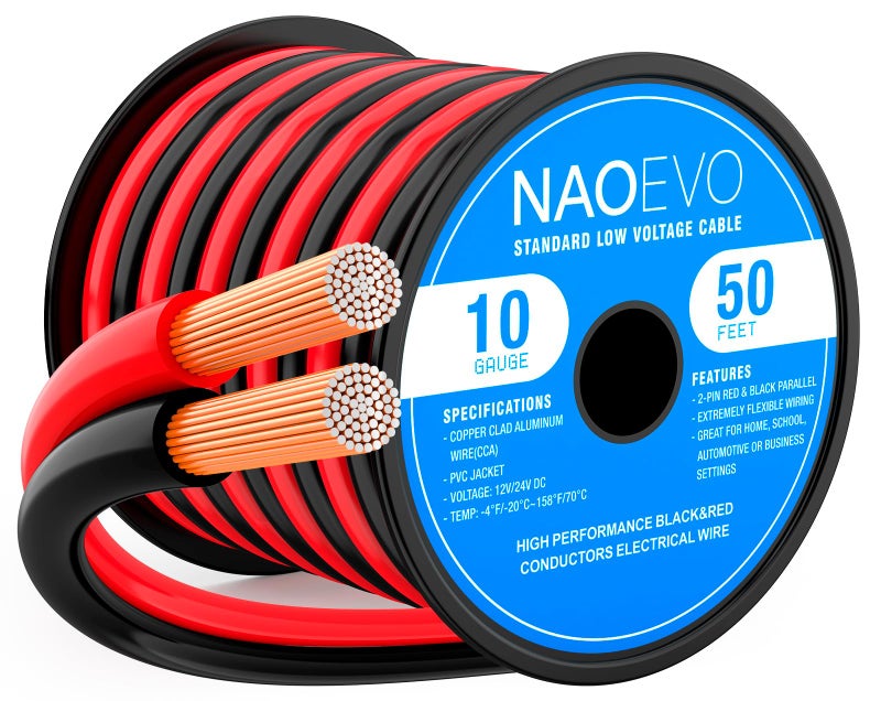 NAOEVO 10 Gauge Wire 50FT, 2 Conductors Electrical Wire Red Black Cable, Flexible/Low Voltage/PVC 10 AWG Copper Clad Aluminum Extension Cord for Speaker, LED Strips, Automotive 12V/24V DC - Image 1