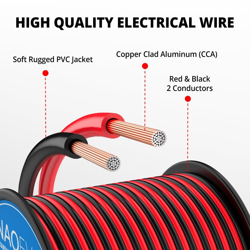 NAOEVO 10 Gauge Wire 50FT, 2 Conductors Electrical Wire Red Black Cable, Flexible/Low Voltage/PVC 10 AWG Copper Clad Aluminum Extension Cord for Speaker, LED Strips, Automotive 12V/24V DC - Image 2