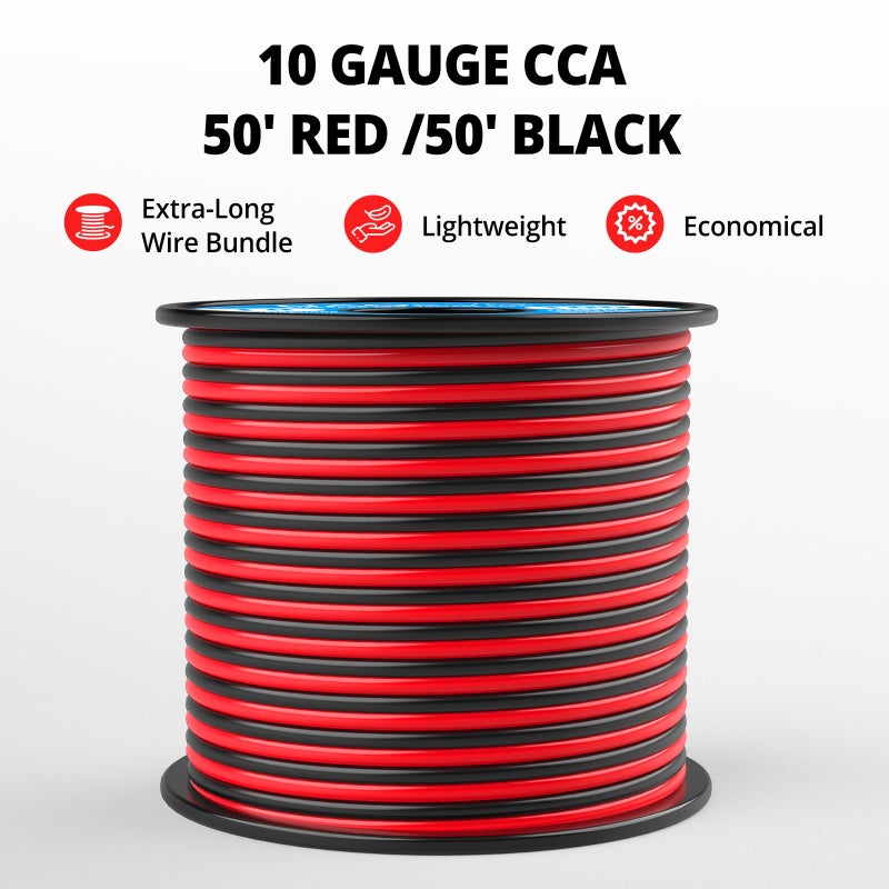 NAOEVO 10 Gauge Wire 50FT, 2 Conductors Electrical Wire Red Black Cable, Flexible/Low Voltage/PVC 10 AWG Copper Clad Aluminum Extension Cord for Speaker, LED Strips, Automotive 12V/24V DC - Image 3