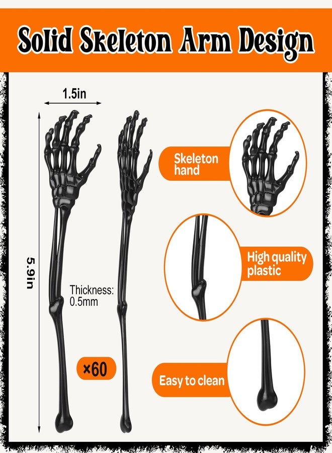 RunNico 60 Pcs 5.9''x1.5'' Halloween Skeleton Cocktail Stirrers, Reusable Skeleton Hand Swizzle Sticks, Halloween Plastic Drink Stirrer for Home Bar Horror Party Table Decorations - Image 2