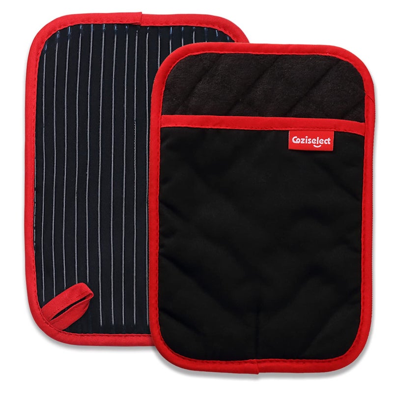 Coziselect Hot Pads for Kitchen Potholders for Kitchen Heat Resistant Heavy Duty Pot Holders with Pockets Non Slip Pure Cotton and Terrycloth Lining Pot Holders Set of 2 Black