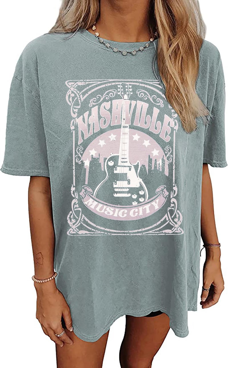 Oversized Rock Band T-Shirt Women Country Music Shirt Tops Nashville Music City Tshirt Vintage Guitar Wings Graphic Tees(Medium,Green-1)