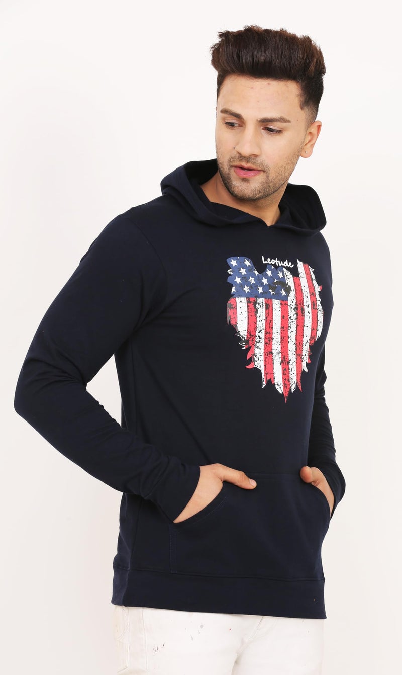 LEOTUDE Loopknit Hooded Neck Men's Regular Fit Full Sleeve Sweatshirt with Side Pockets (Color Navy) - Image 4