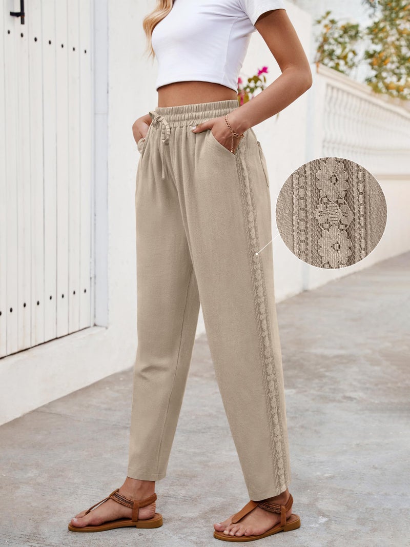 Puimentiua Women Linen Pants Lightweight Pants with Lace Side Summer Casual Beach Drawstring Elastic Waist Trousers Khaki - Image 4
