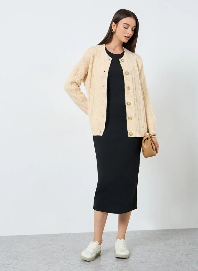 Styli Styli Beige Longline Cable Knit Cardigan