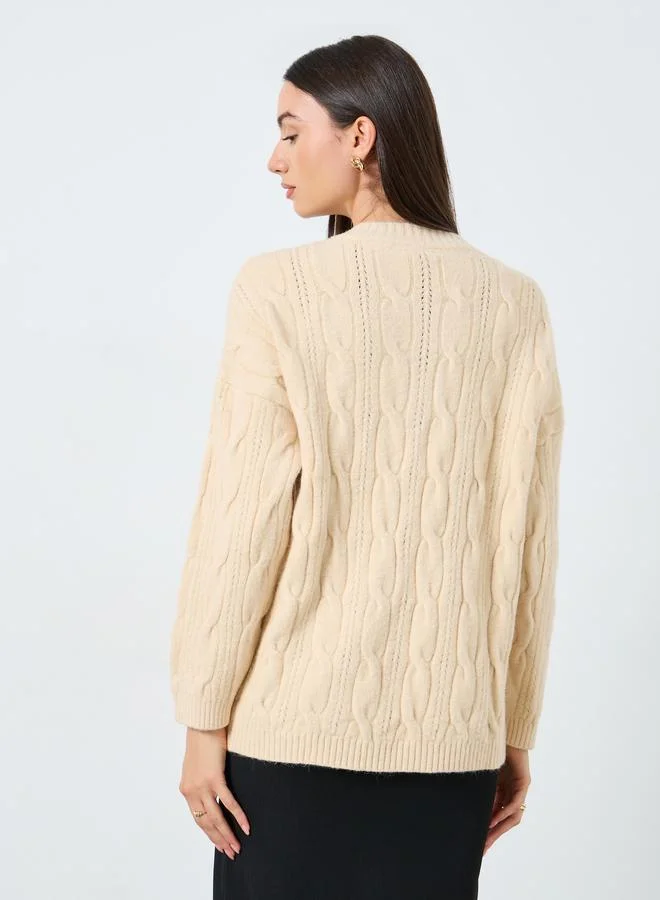 Styli Styli Beige Longline Cable Knit Cardigan