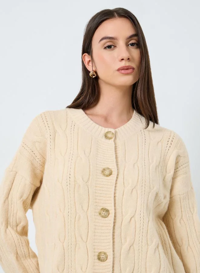 Styli Styli Beige Longline Cable Knit Cardigan
