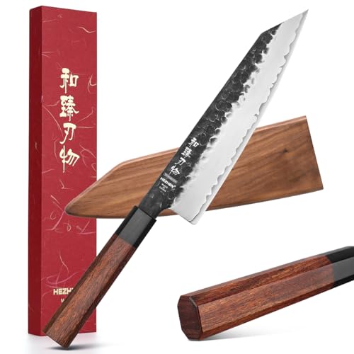 HEZHEN- 8.5” Chef Knife, 3 Layers High Carbon Clad Steel Kiritsuke Knife, Composite Forging Steel, Professional Japanese Kitchen Knife, Redwood Octagonal Handle With Wooden Knife Sheath - Image 1