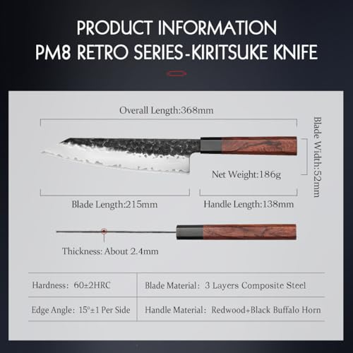 HEZHEN- 8.5” Chef Knife, 3 Layers High Carbon Clad Steel Kiritsuke Knife, Composite Forging Steel, Professional Japanese Kitchen Knife, Redwood Octagonal Handle With Wooden Knife Sheath - Image 2