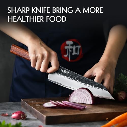 HEZHEN- 8.5” Chef Knife, 3 Layers High Carbon Clad Steel Kiritsuke Knife, Composite Forging Steel, Professional Japanese Kitchen Knife, Redwood Octagonal Handle With Wooden Knife Sheath - Image 5