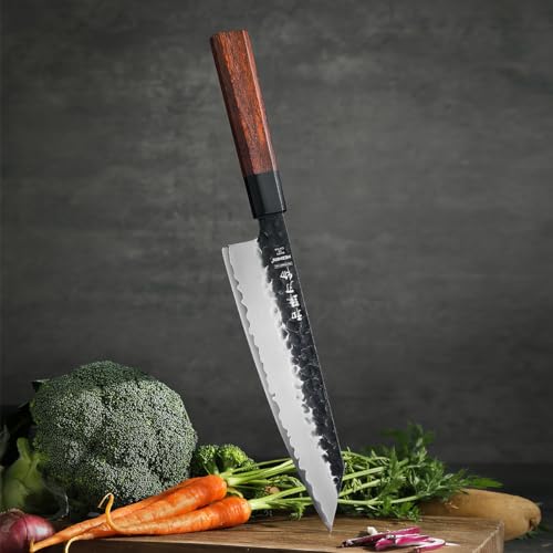 HEZHEN- 8.5” Chef Knife, 3 Layers High Carbon Clad Steel Kiritsuke Knife, Composite Forging Steel, Professional Japanese Kitchen Knife, Redwood Octagonal Handle With Wooden Knife Sheath - Image 3