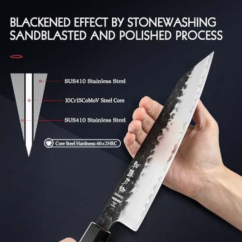 HEZHEN- 8.5” Chef Knife, 3 Layers High Carbon Clad Steel Kiritsuke Knife, Composite Forging Steel, Professional Japanese Kitchen Knife, Redwood Octagonal Handle With Wooden Knife Sheath - Image 4