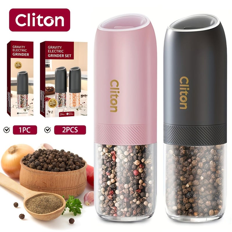 2 Piece White And Black Electric Salt And Pepper Mill Set With Gravity Sensing Automatic Tilting Mechanism Battery Operated Adjustable Grind Size One Hand Use - Image 1