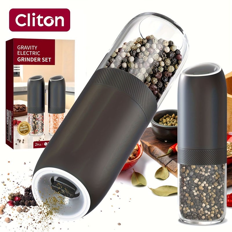2 Piece White And Black Electric Salt And Pepper Mill Set With Gravity Sensing Automatic Tilting Mechanism Battery Operated Adjustable Grind Size One Hand Use - Image 4