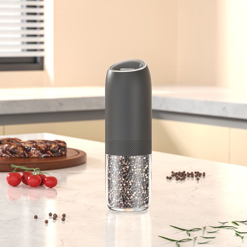 2 Piece White And Black Electric Salt And Pepper Mill Set With Gravity Sensing Automatic Tilting Mechanism Battery Operated Adjustable Grind Size One Hand Use - Image 5