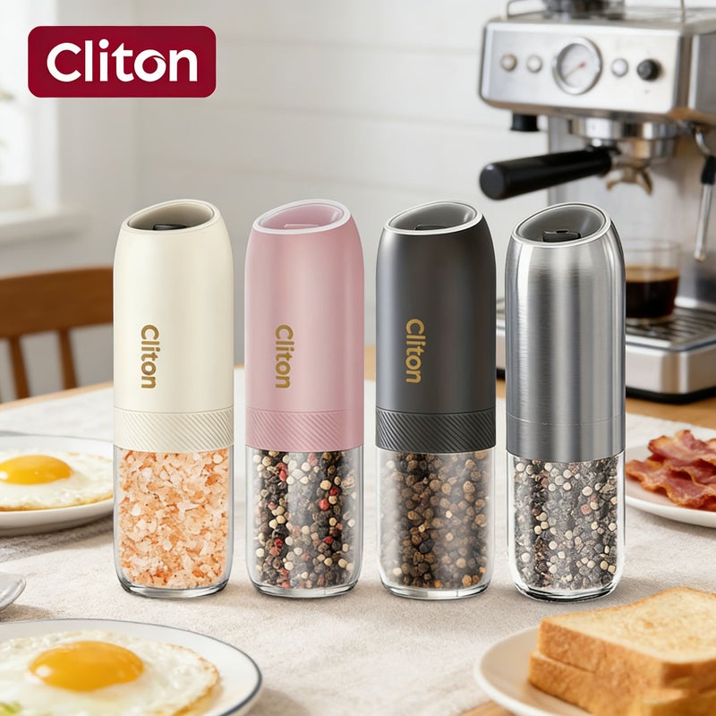 2 Piece White And Black Electric Salt And Pepper Mill Set With Gravity Sensing Automatic Tilting Mechanism Battery Operated Adjustable Grind Size One Hand Use - Image 2