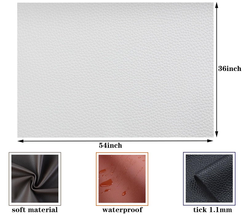 Picheng Soft Lychee Texture Faux Leather Sheets,Waterproof Synthetic Fabric Material 54" x 36" Marine Vinyl Upholstery Leather for Replacement Renovate,Upholstery Car,DIY Crafts (White) - Image 3