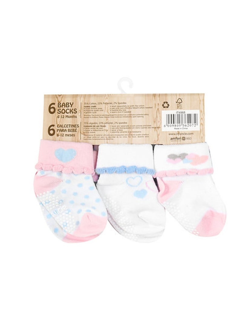 infancie - 6-Pack Non-Slip Grip Baby Cotton Socks (6-12 Months) White/Pink/Light Blue - Image 1